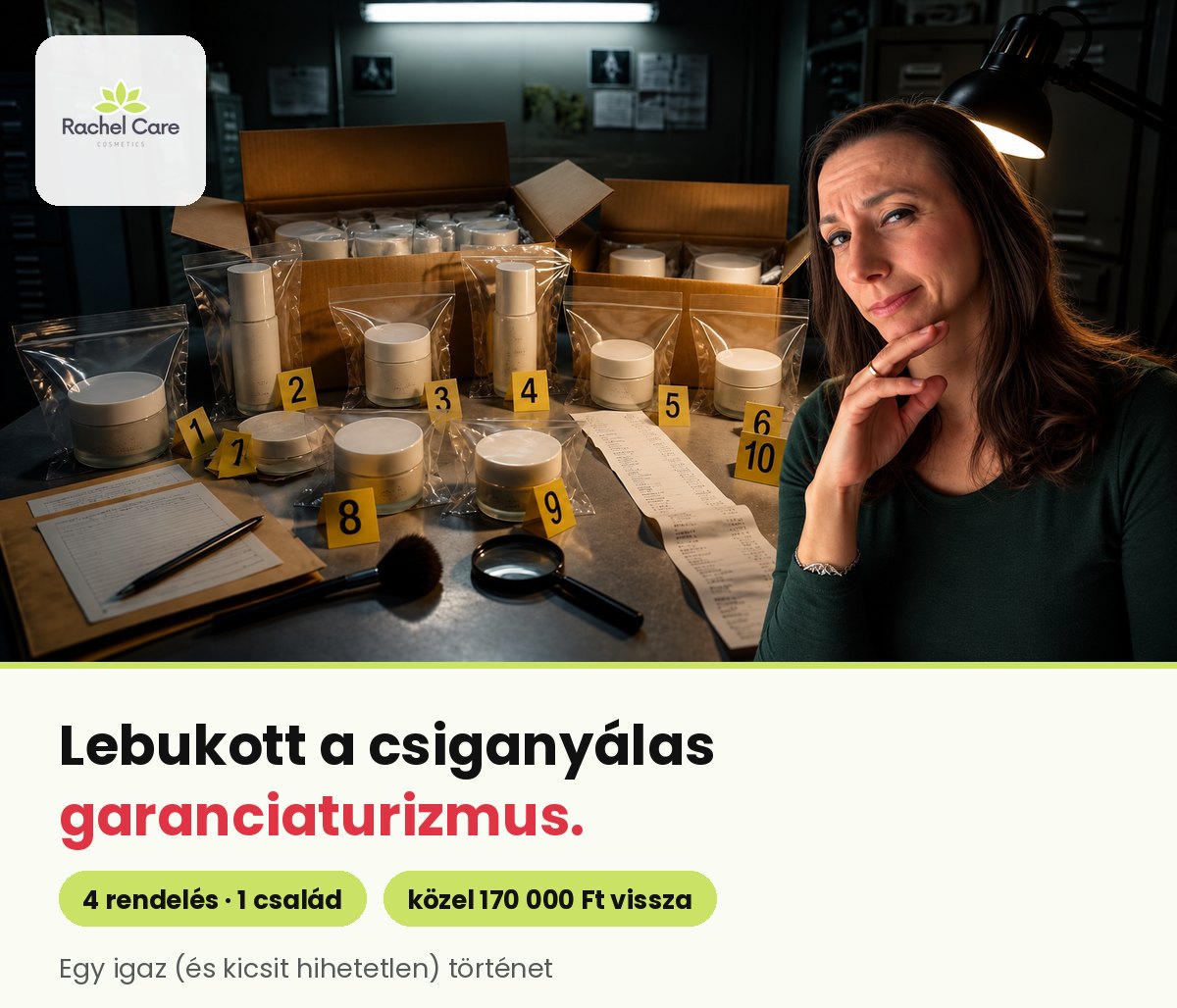Lebukott a csiganyálas garanciaturizmus – Rachel nyomozó pózban, előtte számozott bizonyítékként zacskózott krémes tégelyek