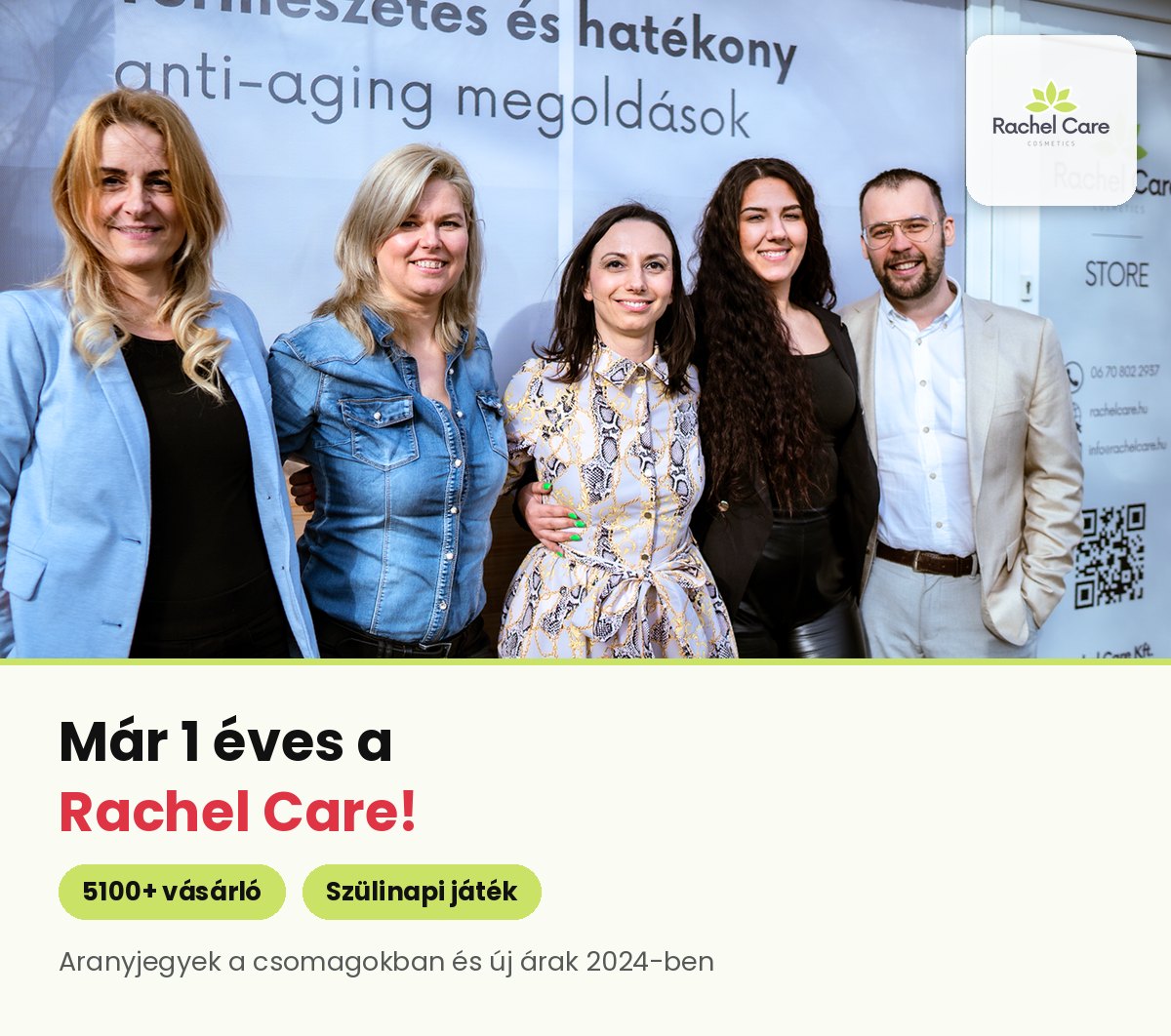 A Rachel Care csapata a bolt bejárata előtt – szülinapi nyereményjáték
