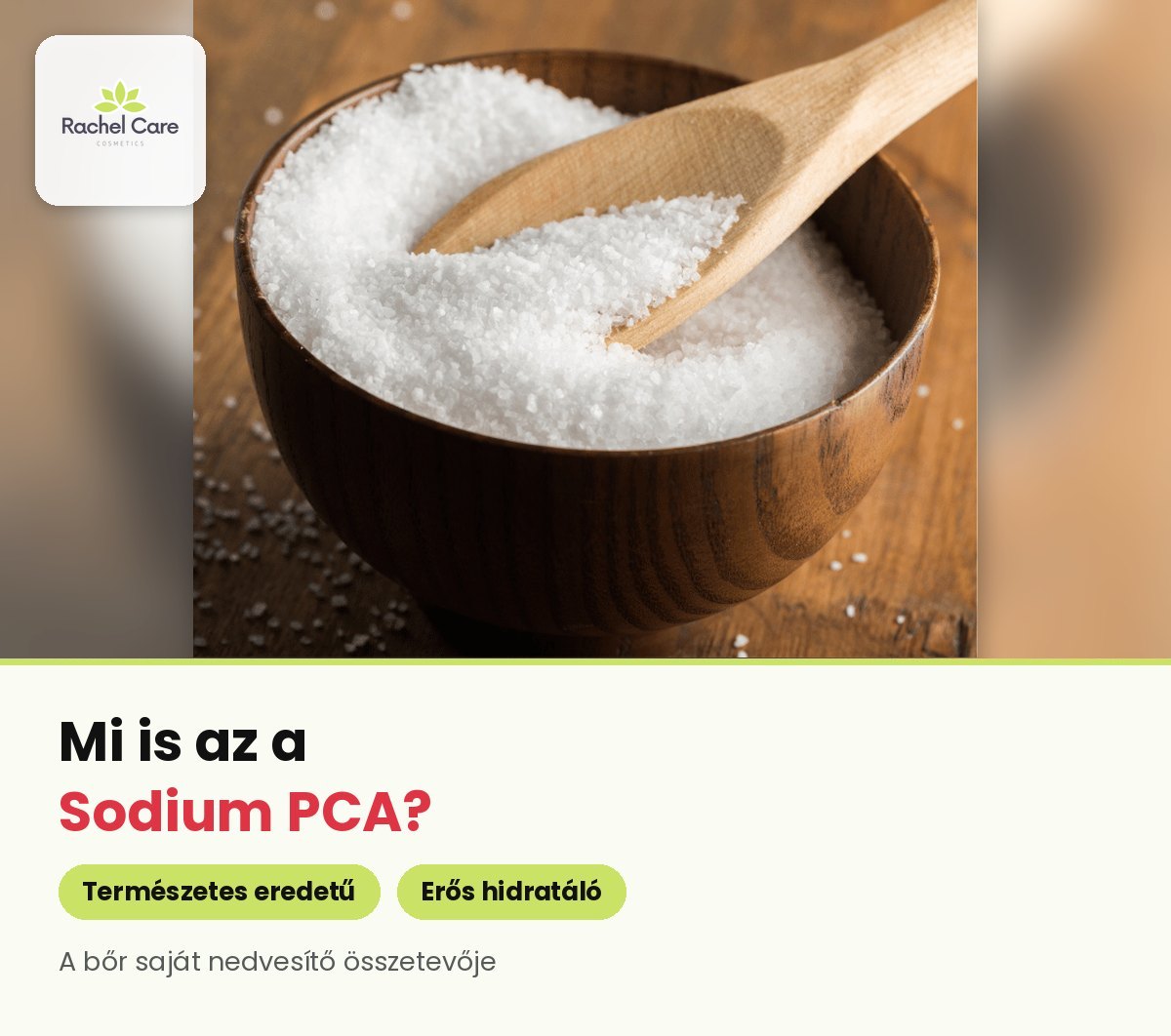 Fa tálban fehér kristályos por fakanállal – Sodium PCA hidratáló összetevő