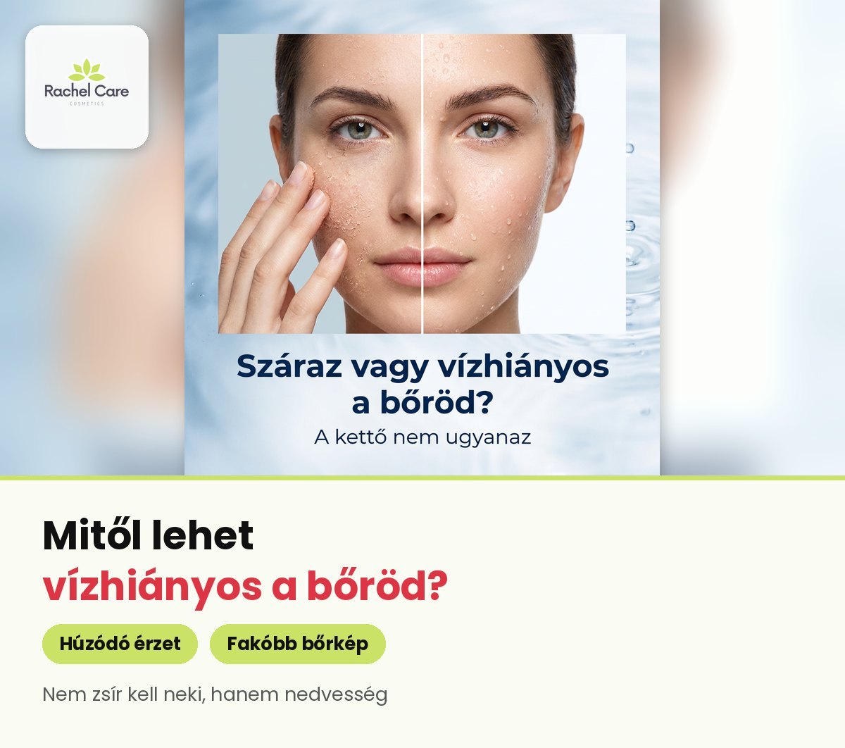 Kettéosztott női arc: száraz és vízhiányos bőr különbsége