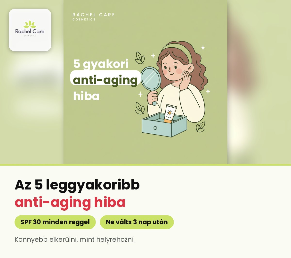 Tükörbe néző nő rajza zöld háttéren – a leggyakoribb anti-aging hibák