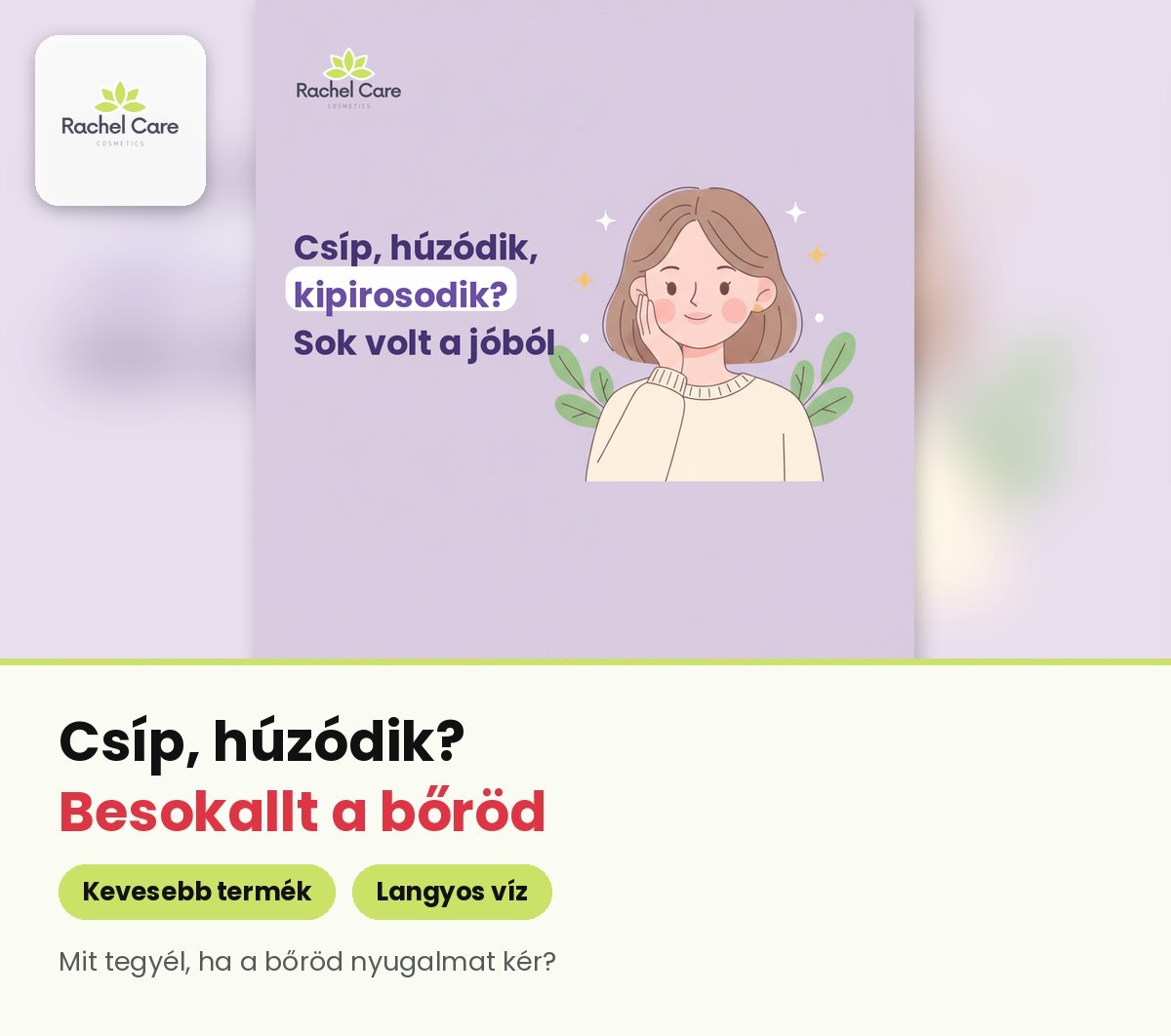Csukott szemű nő rajza lila háttéren – csíp, húzódik, kipirosodik, túlterhelt bőr