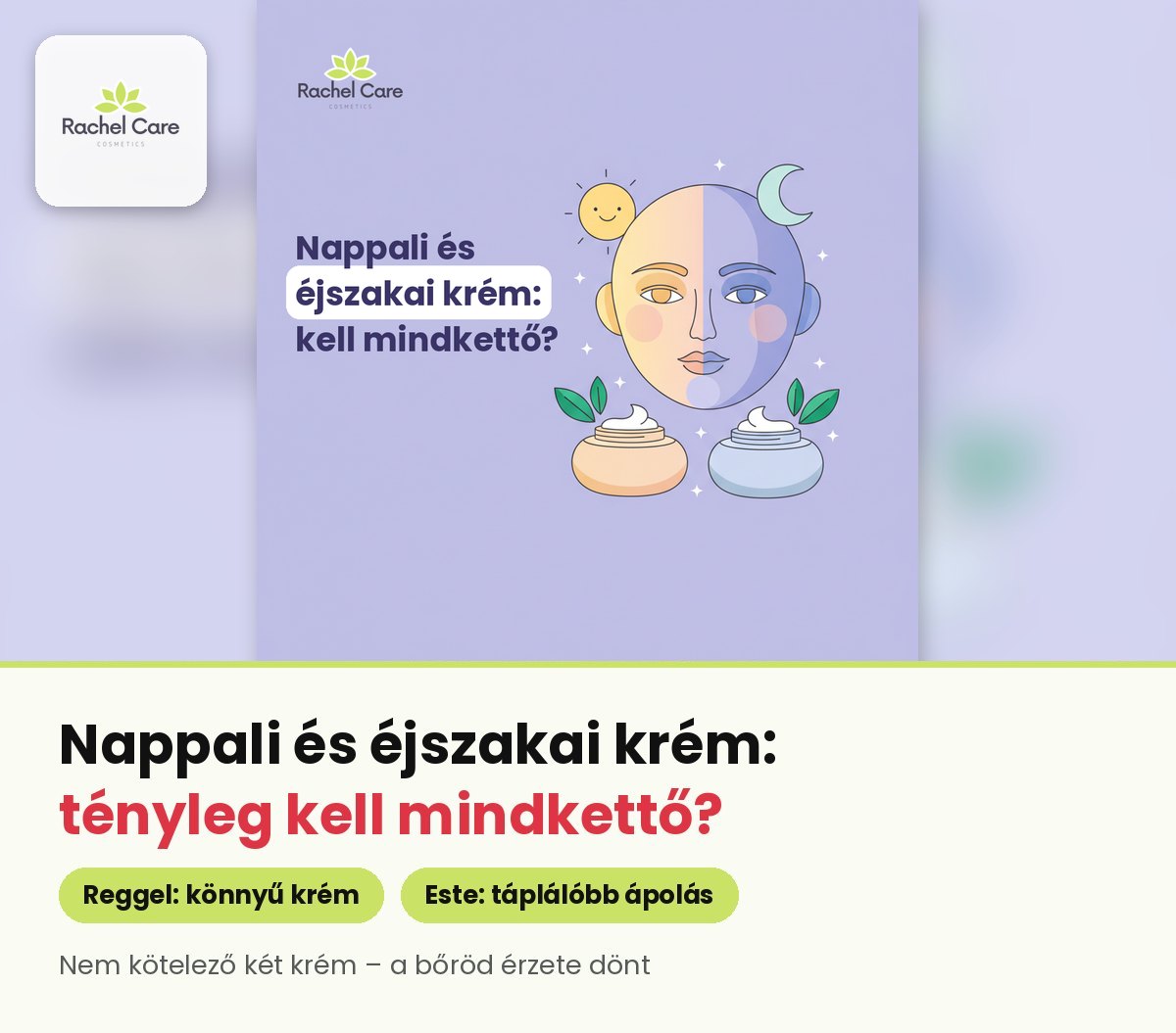 Női arc reggeli és esti fényben, mellette egy nappali és egy éjszakai anti-aging arckrém tégely