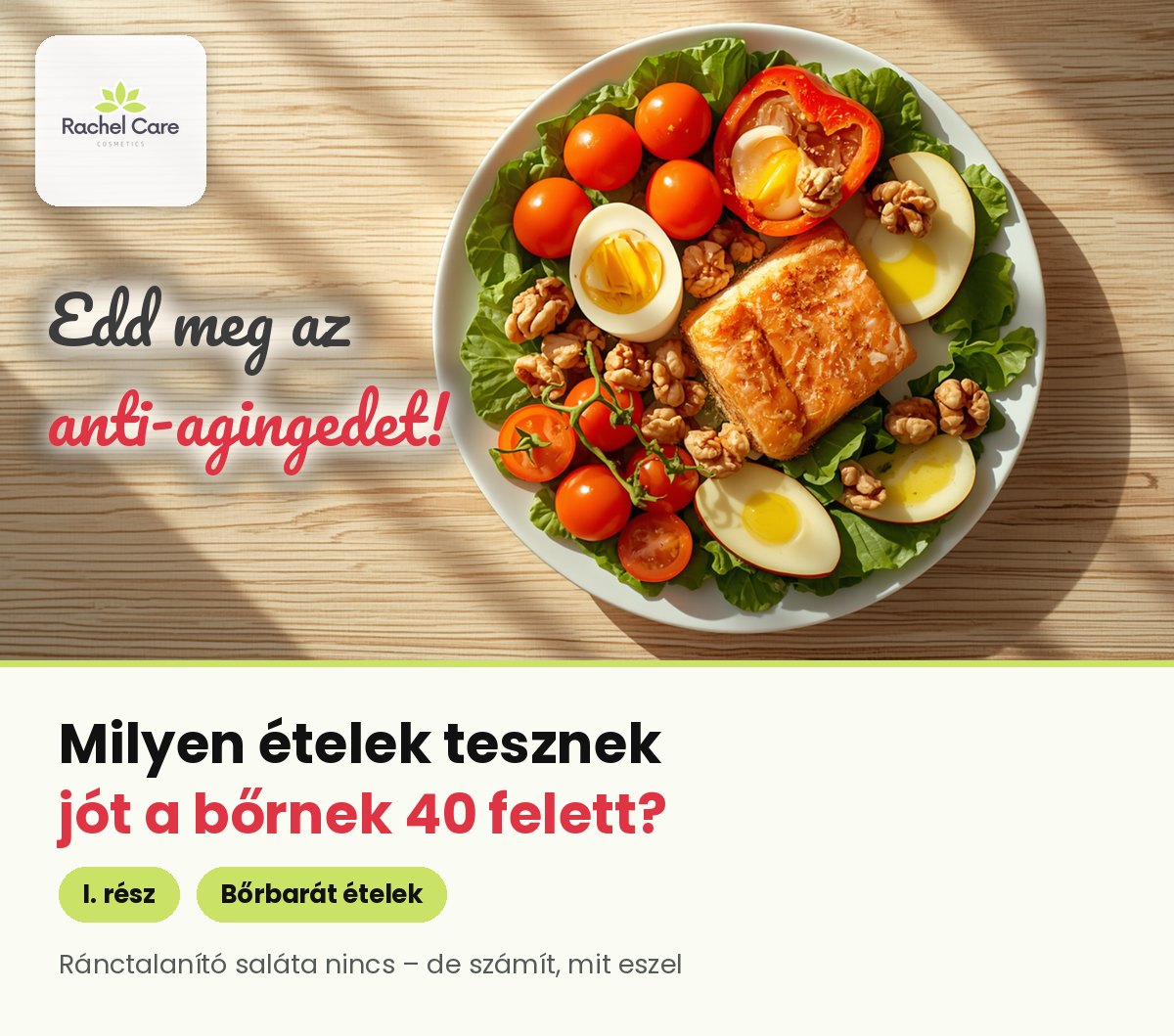Felülről fotózott színes tányér paradicsommal, tojással, lazaccal és dióval egy világos fa asztalon