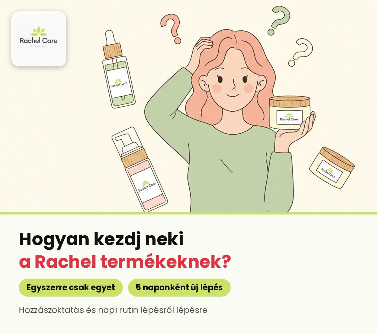 Rajzolt lány tanácstalanul vakarja a fejét, kezében Rachel Care krém, körülötte szérum, hab és kérdőjelek