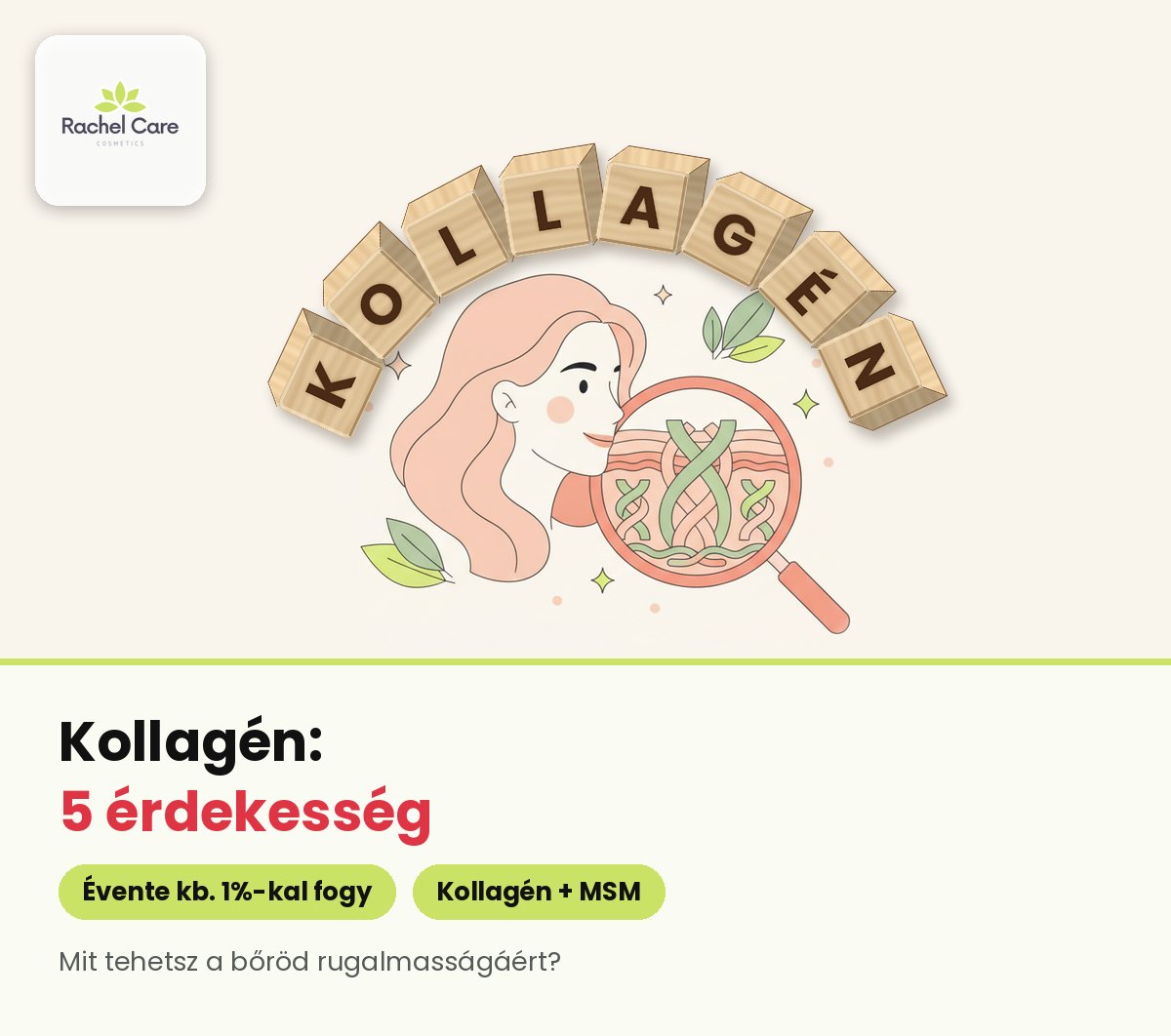 Világos fakockákból kirakott Kollagén felirat félkörívben egy rajzolt női arc és nagyító fölött