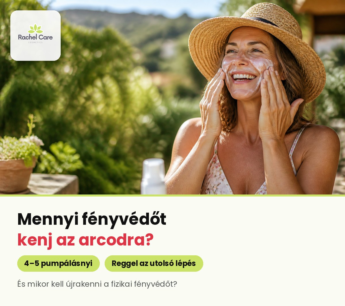 Nevető szalmakalapos nő napos kertben két kézzel fényvédő krémet ken az arcára