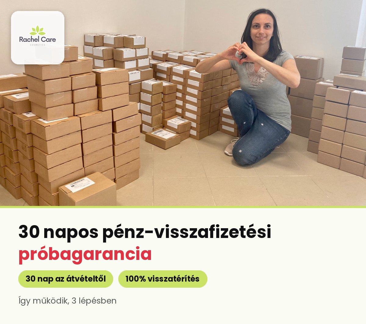 Rachel szívet formál a kezével a becsomagolt Rachel Care rendelések dobozai között